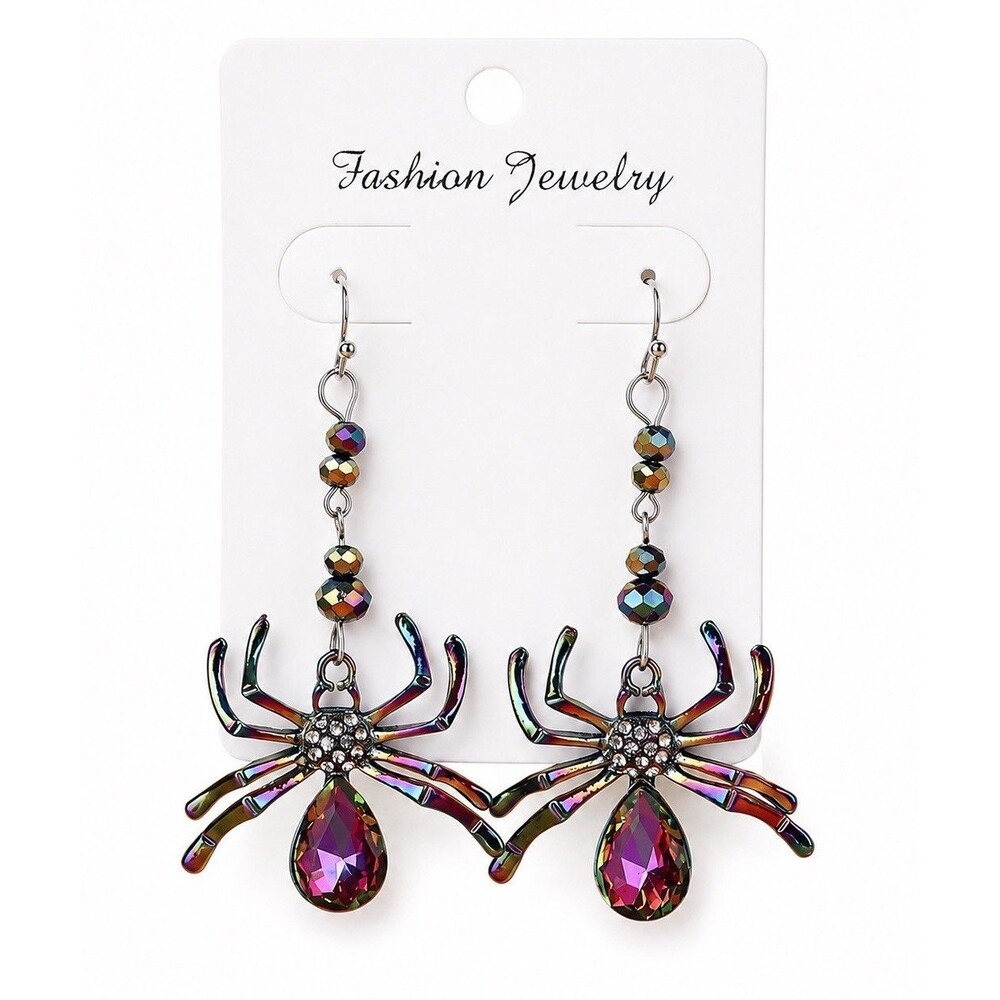 Iridescent Crystal Rhinestone Spider Dangle Earrings Gothic Halloween NEW